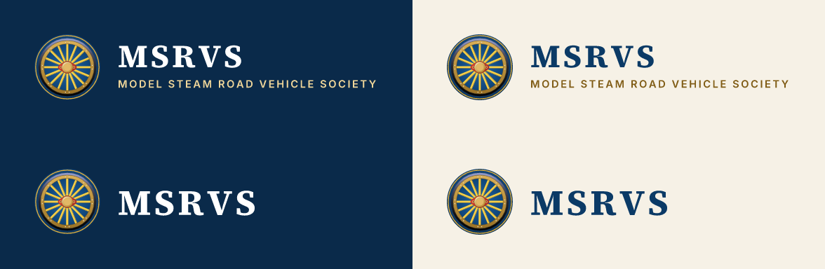 The logo with the full name and the compact logo, on blue and on cream